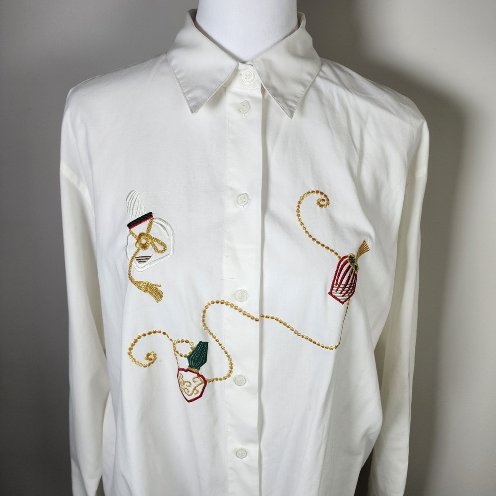 Vintage John Henry Blouse Size 12 Perfume Bottles Embroidery Feminine 80s Shirt